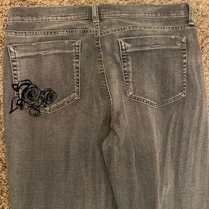 Gray Jeans with Black Rose Embroidery